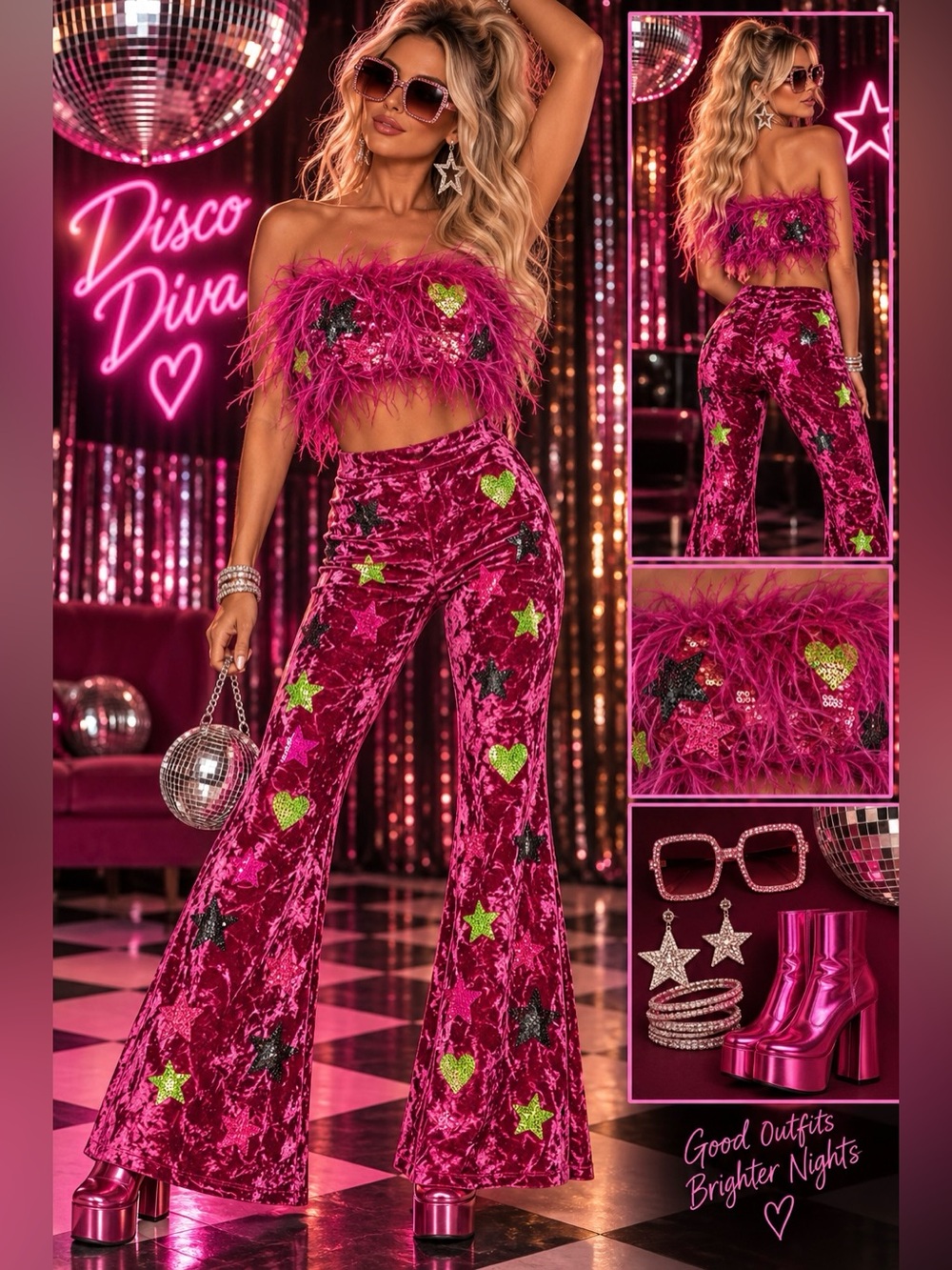 Pink Velvet Sequin Bell Bottoms & Feather Tube Top Disco Set - 1242-1243